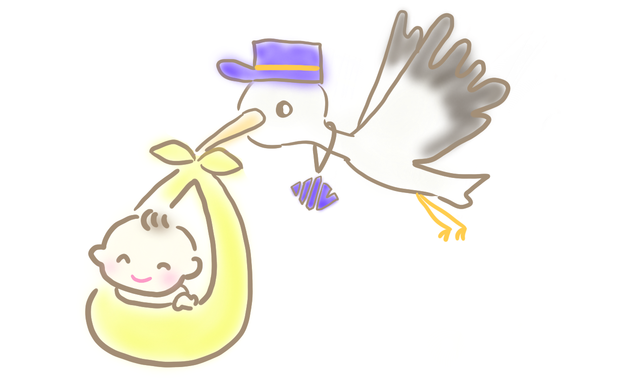コウノトリが赤ちゃんを運んでくる都留市のマークをくびにかけたイラスト