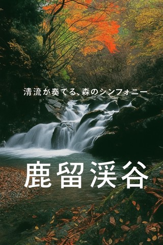 秋の色鮮やかな紅葉に囲まれ、岩が積み重なりいくつもの小さな滝をつくり流れる鹿留渓谷の写真
