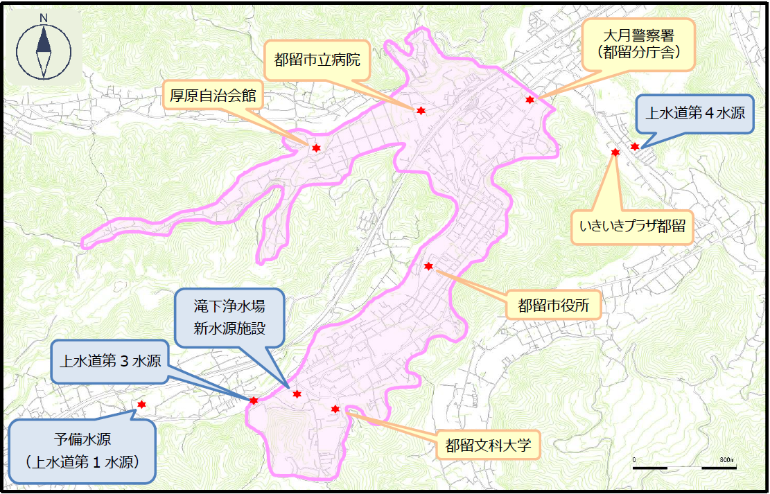 上水道第1水源水及び第3水源水の配水エリア