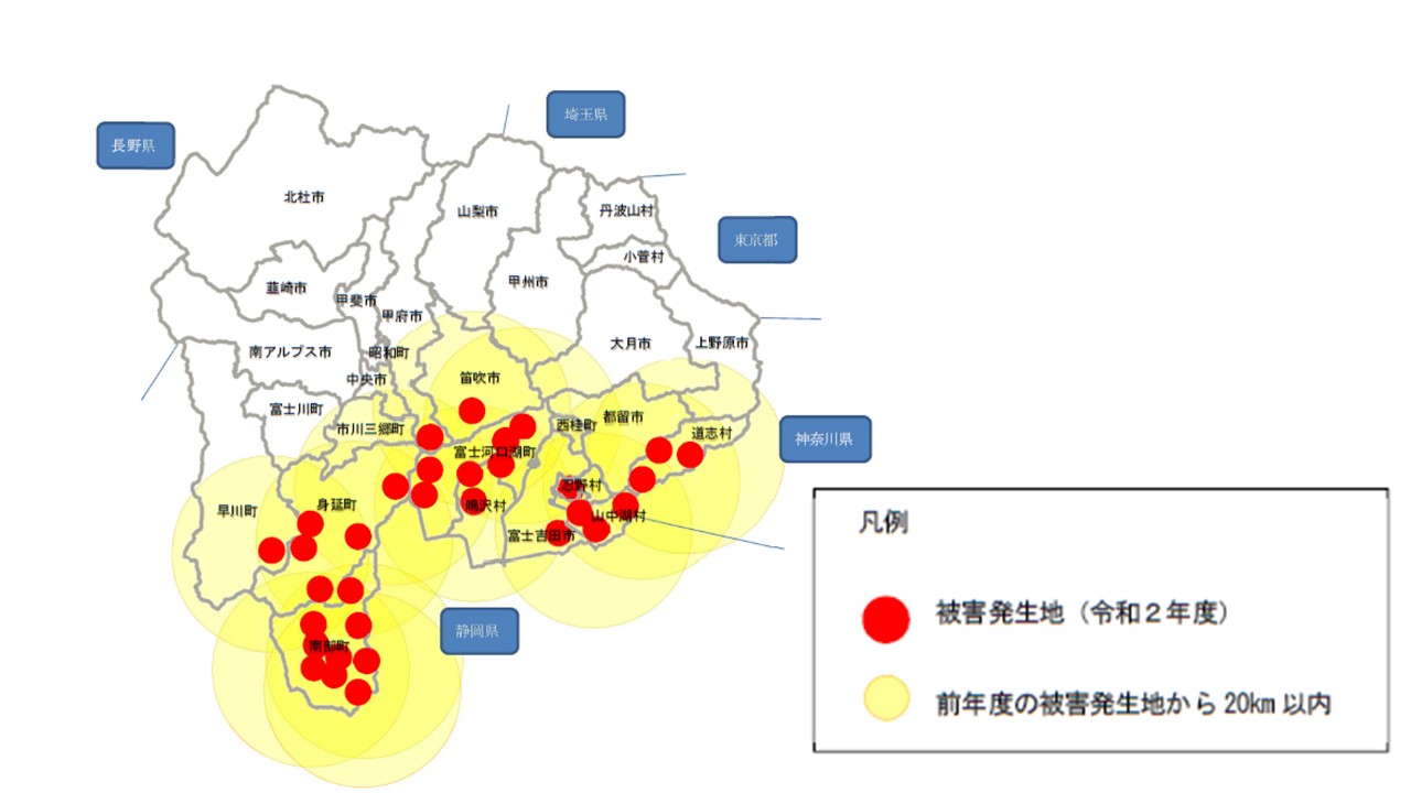 ナラ枯れの被害発生地（令和2年度）とその隣接地域