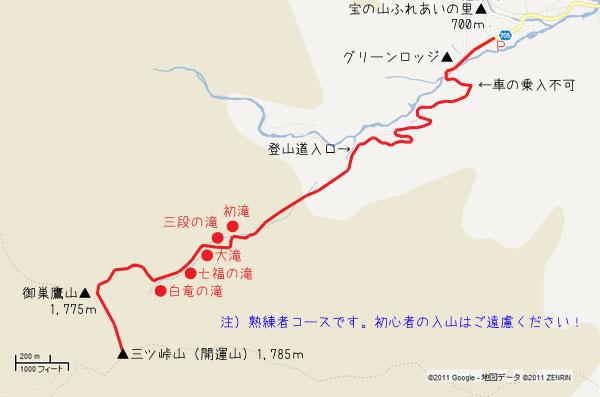 三ツ峠（北口登山道）熟練者向けコースの地図のイラスト